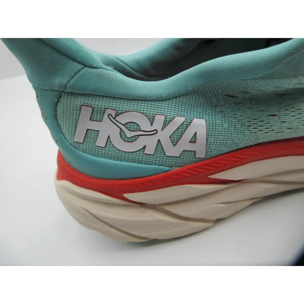 HOKA Clifton 8 Running Shoes Womens Size 10.5 Aqua Red Cushioned 1119394 AEBL‎